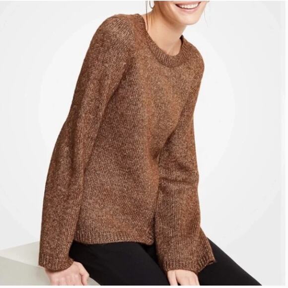 ANN TAYLOR Brown Gold Metallic Cozy Crewneck Sweater // Large Petite - Picture 1 of 8